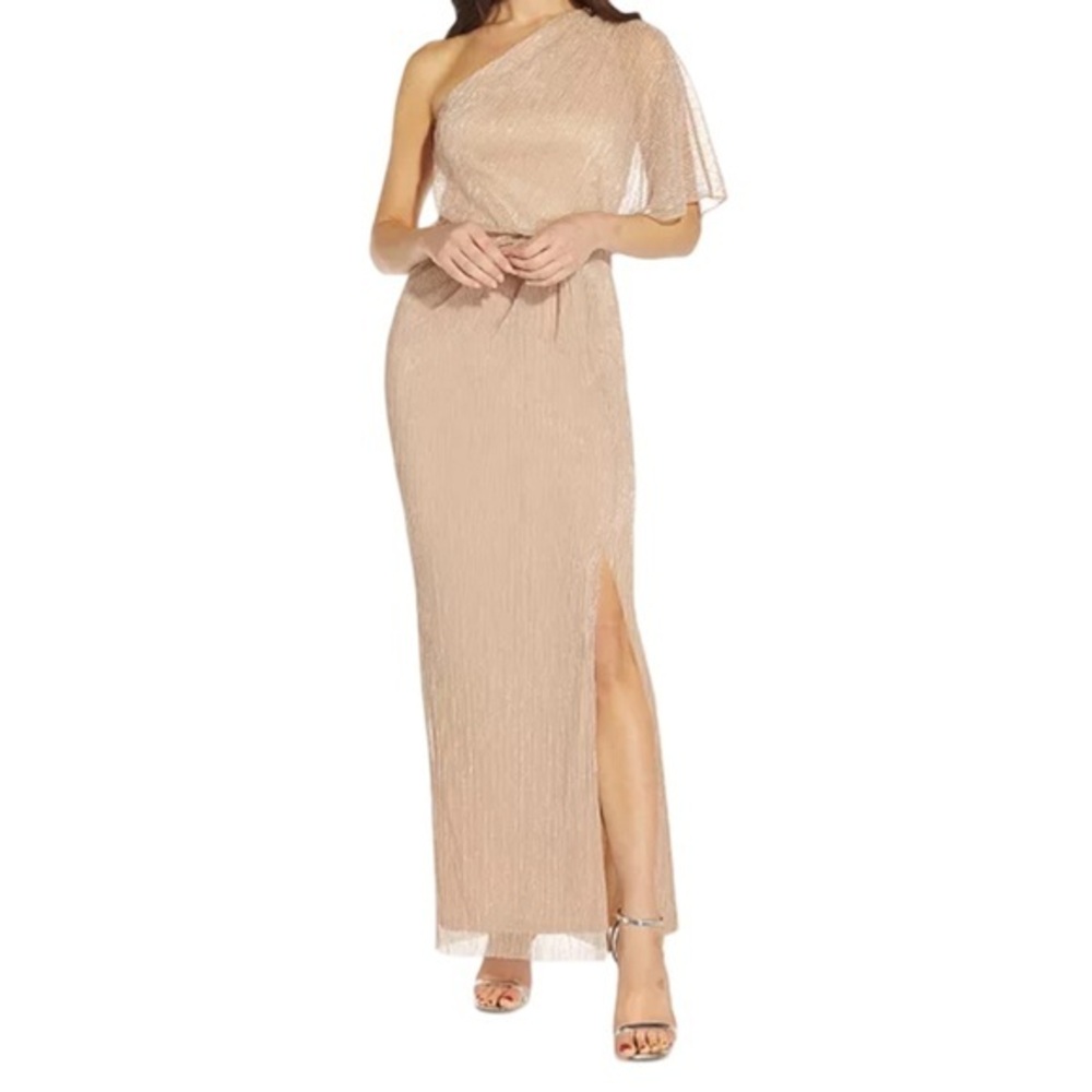 NWT Adrianna Papell Metallic One-Shoulder Gown Maxi Dress Size 12